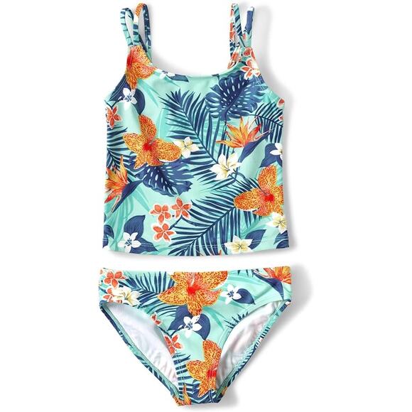 New The Children's Place Girls Size 16 XXL Blue Floral 2-Piece Tankini Swimsuit - Picture 1 of 2